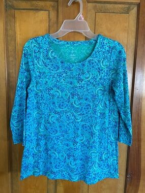 J. Jill Turquoise Paisley Scoop Neck 3/4 Sleeve Top